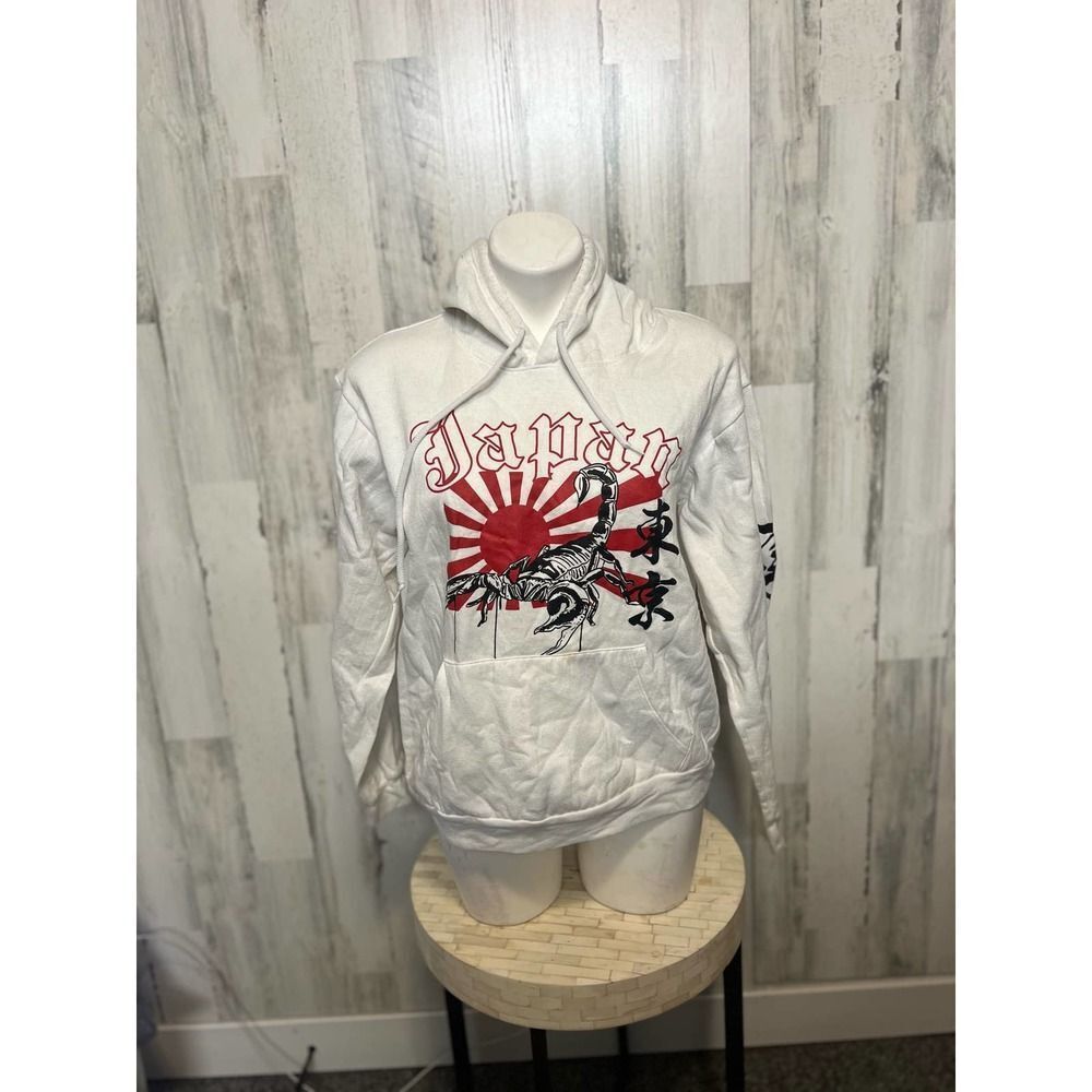 Faded Black White Japan Scorpion Graphic Hoodie Sweatshirt Womens Size Large Tok